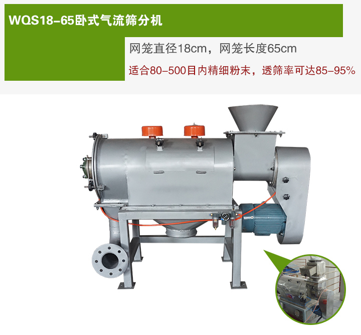 WQS18-65臥式氣流篩分機(jī)網(wǎng)籠直徑為18cm，網(wǎng)籠長度為65cm